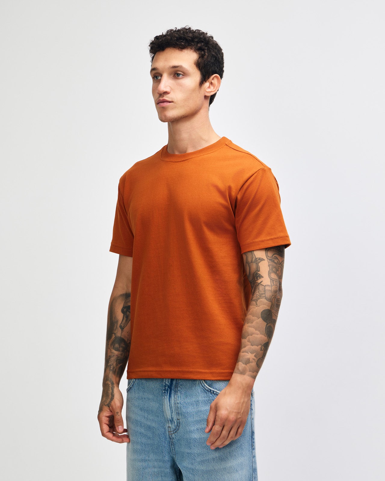 Male model wearing an American Apparel 9001 Unisex Oversized Fit Super Heavyweight T-shirt - Rust