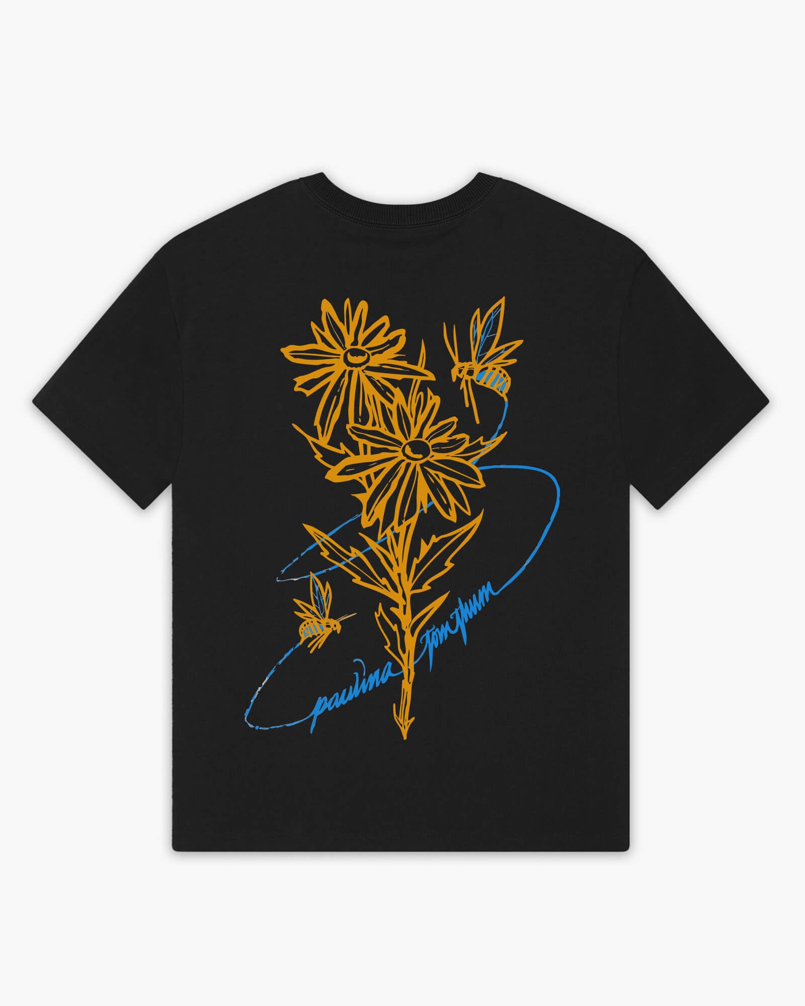 Black t-shirt with yellow floral design and blue butterflies on a white background-black