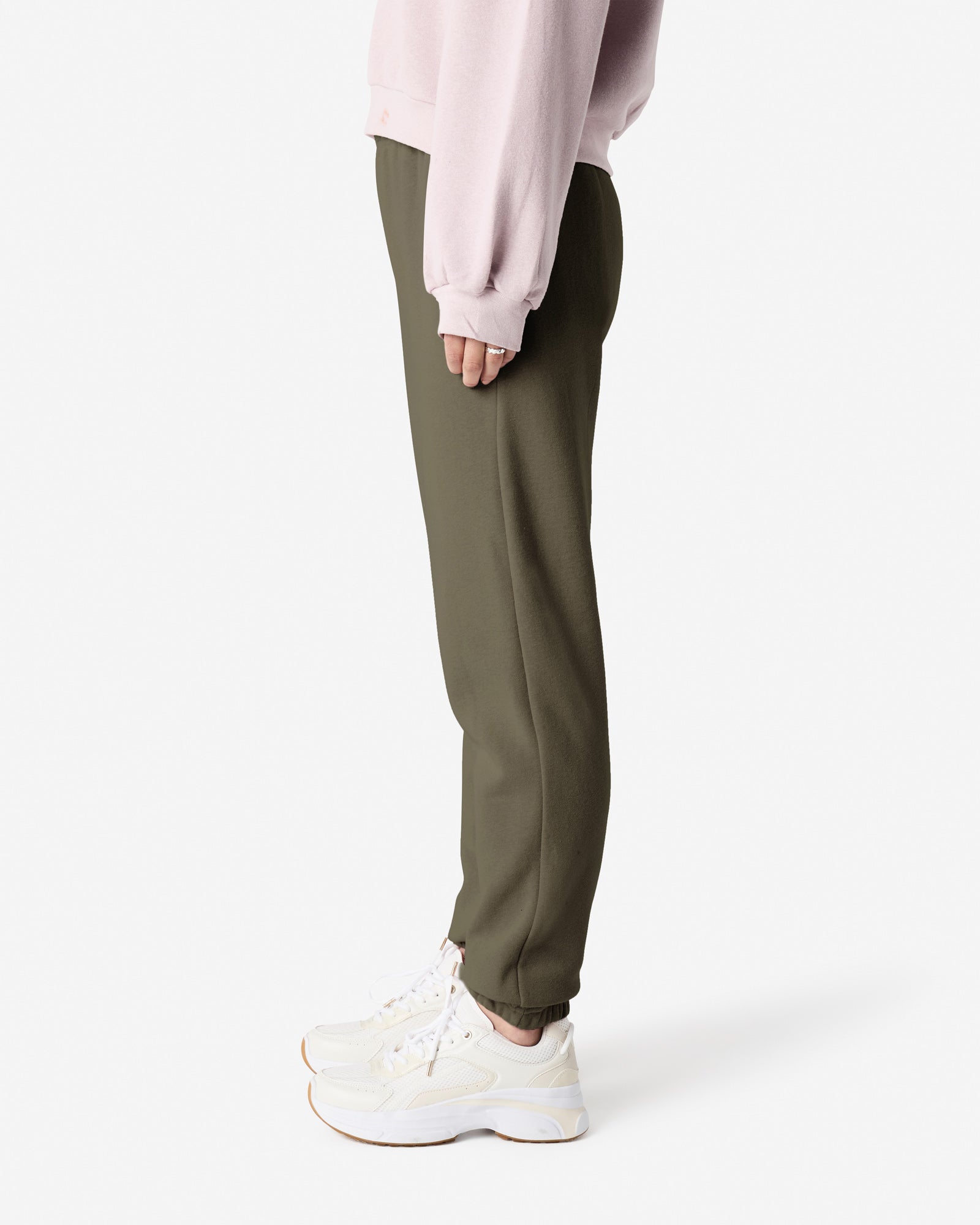 Female model wearing American Apparel Lieutenant Sweatpants (side pose) -lieutenant