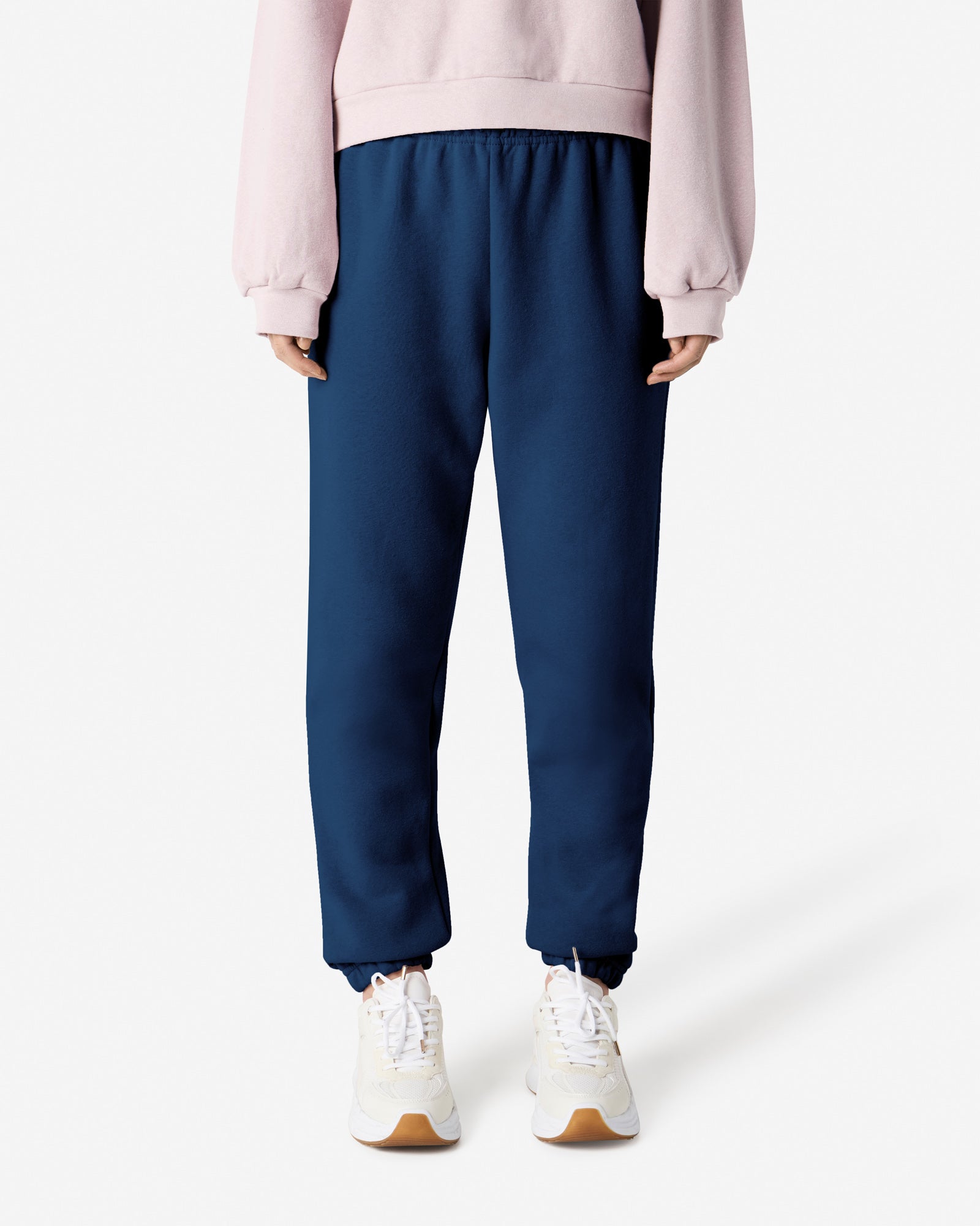 Female model wearing American Apparel Sea Blue Sweatpants (front pose) -sea blue