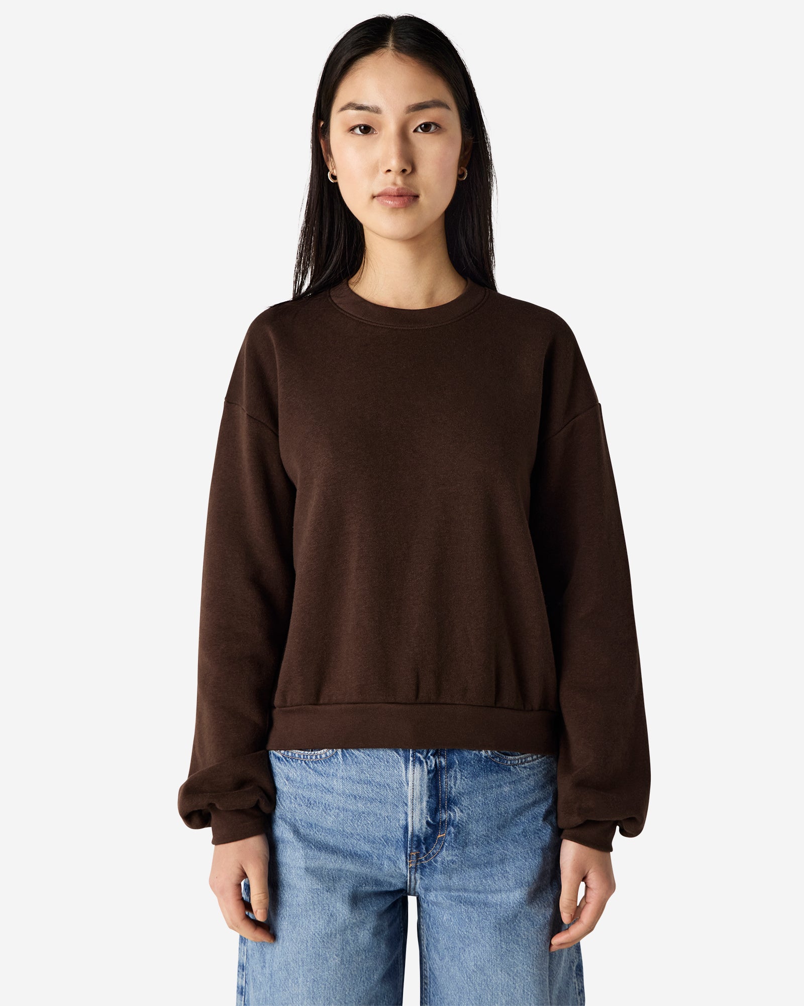 Model wearing a brown colour sweatshirt pairing with blue jeans (front pose) -brown