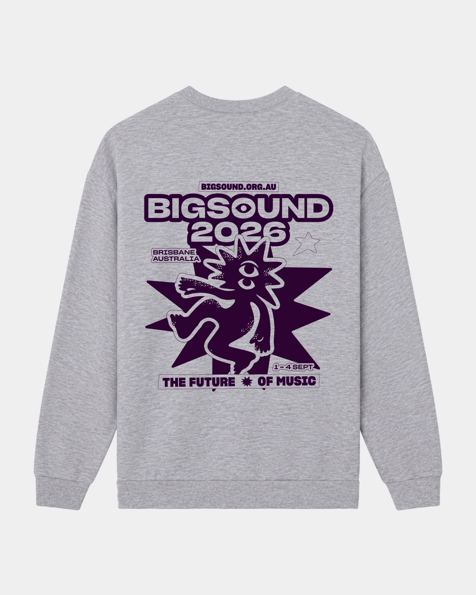 A heather gray crewneck sweatshirt shown from the back, featuring a large dark purple graphic print for 'Bigsound 2026' with a stylized cartoon character and text -Heather Gray