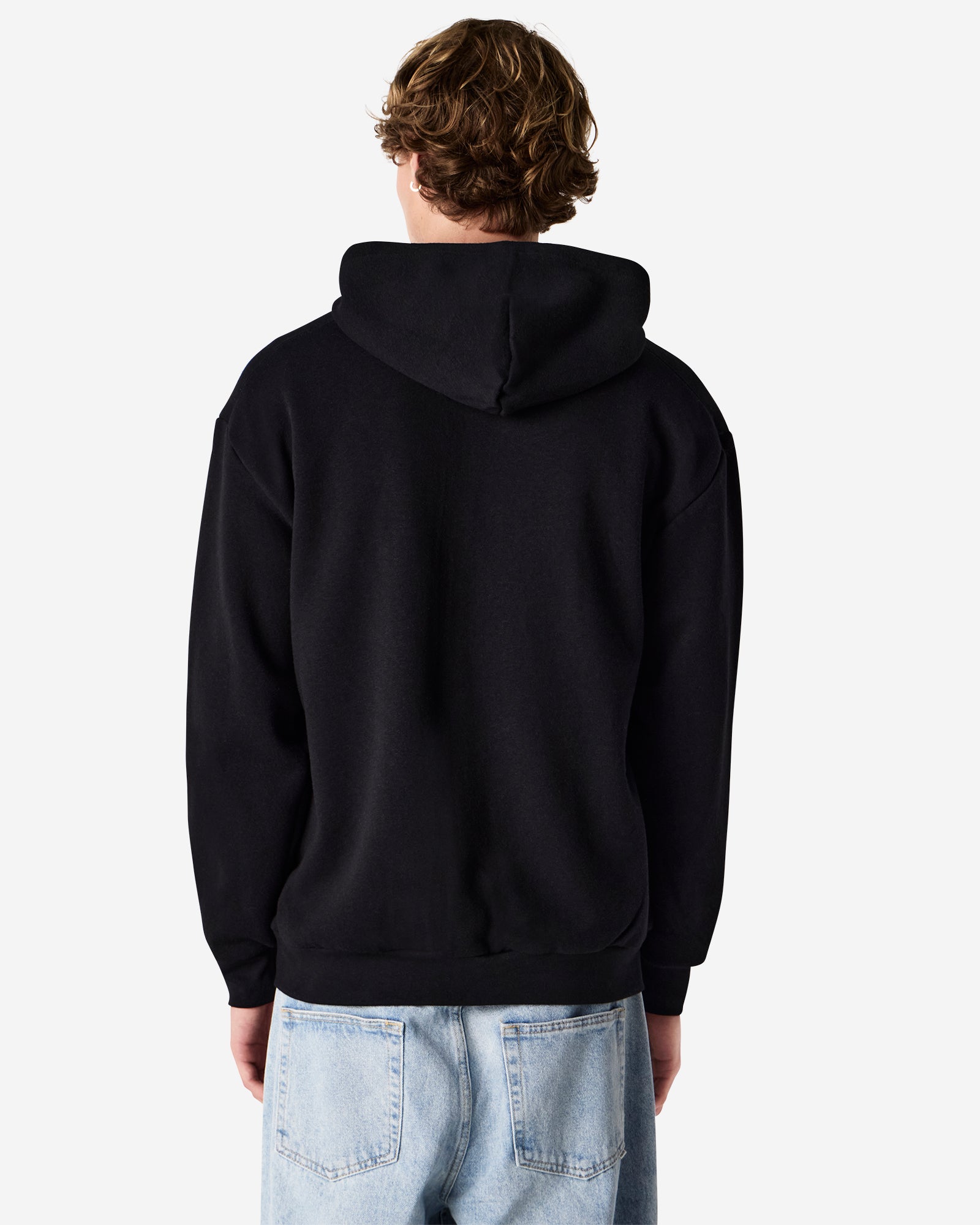 Male model wearing Reflex Unisex Full Zip Hooded Sweatshirt pairing with blue jeans (back pose) -black