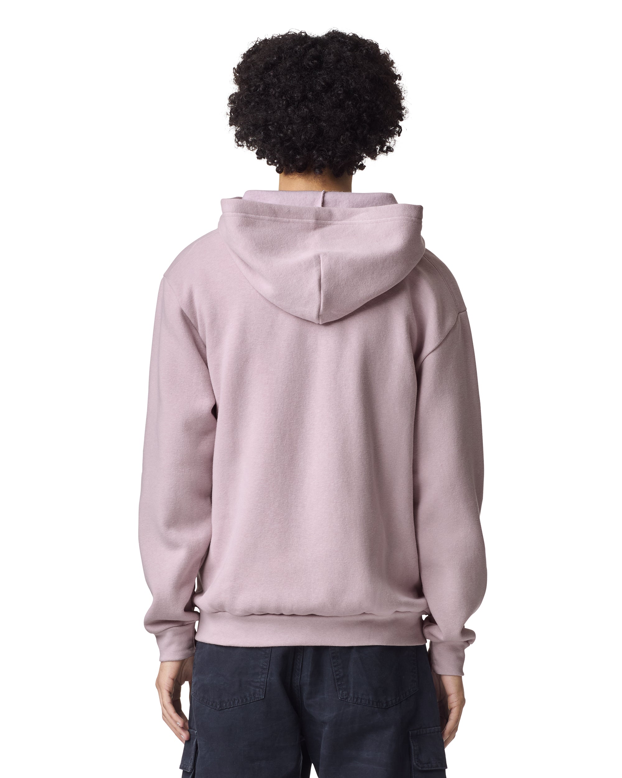 Male model wearing Reflex Unisex Full Zip Hooded Sweatshirt pairing with black jeans (back pose) -blush