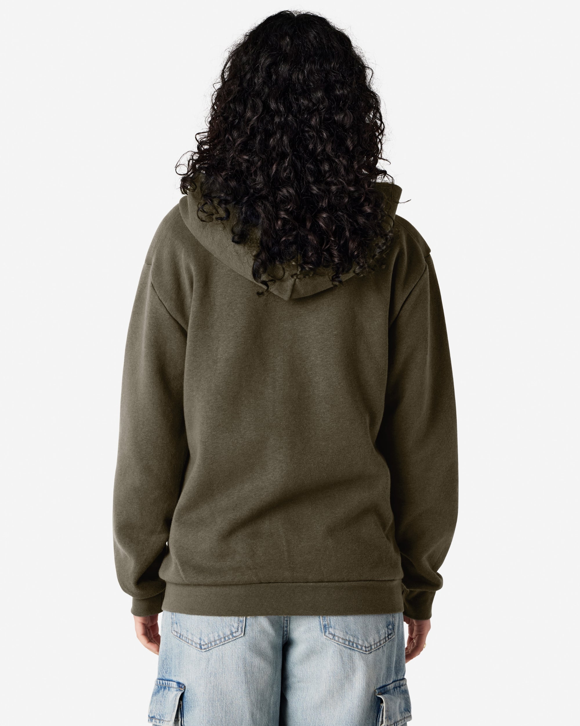 Female model wearing Reflex Unisex Full Zip Hooded Sweatshirt pairing with blue jeans (front pose) -lieutenant