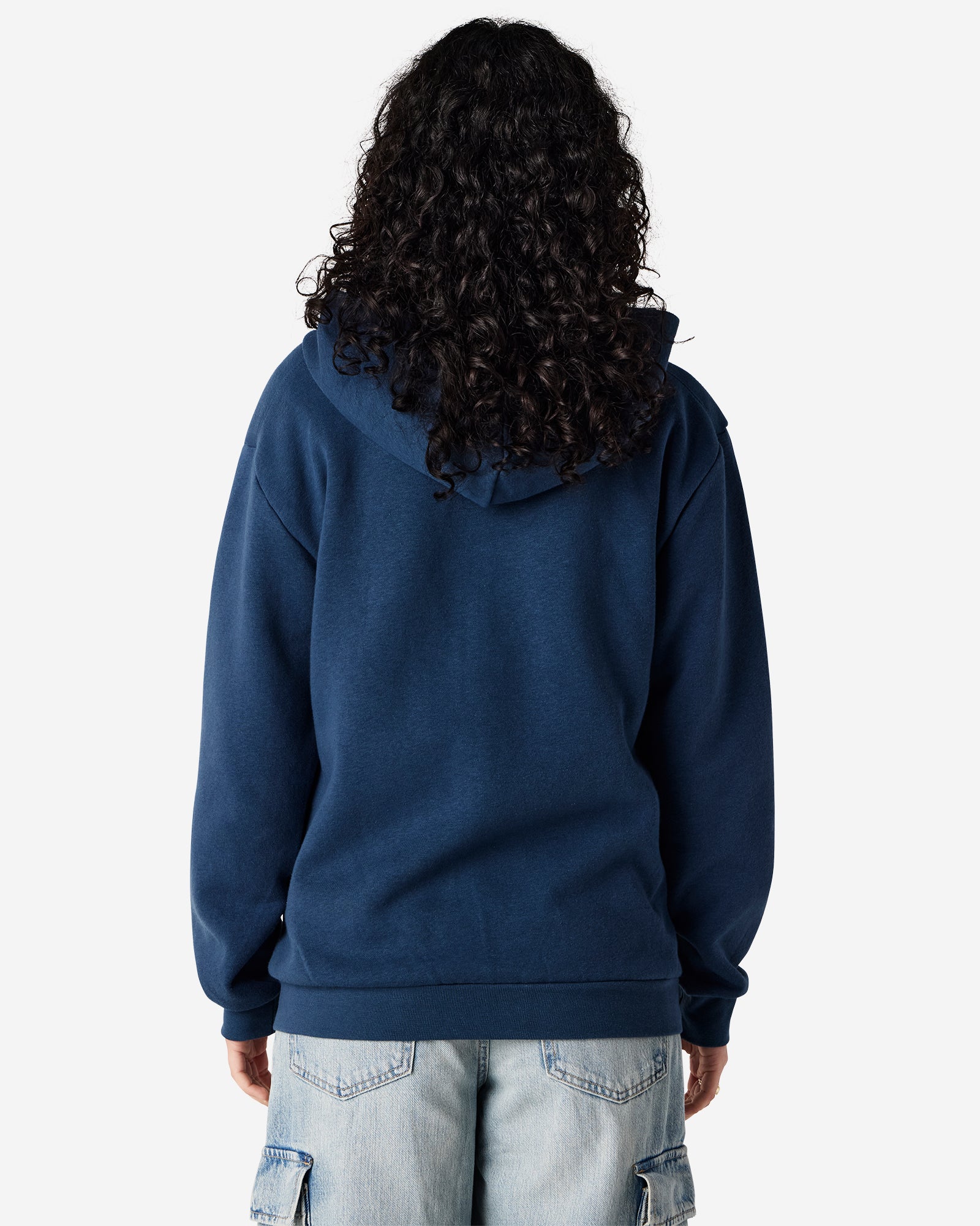 Female model wearing Reflex Unisex Full Zip Hooded Sweatshirt pairing with blue jeans (back pose) -sea blue