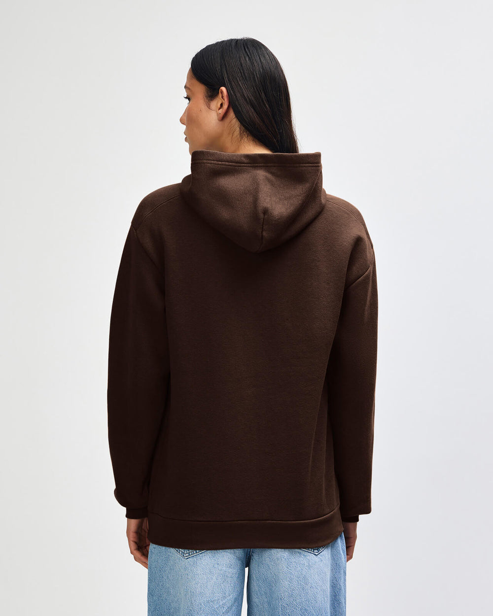 next image of Pullover Hoodie Tracksuit Set - Embroidered Logo - Brown : Person wearing a brown hoodie from behind on a white background -brown