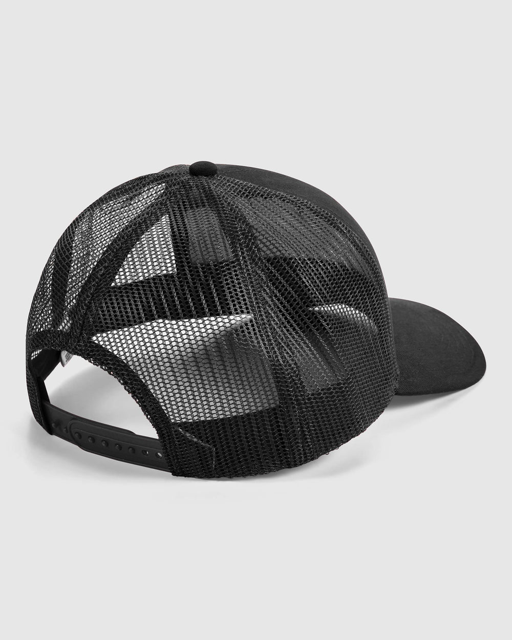 next image of BIGSOUND Trucker Cap : Black trucker style baseball cap shown from the back, featuring a black mesh back, solid black curved brim, and adjustable snap closure on a light gray background -black